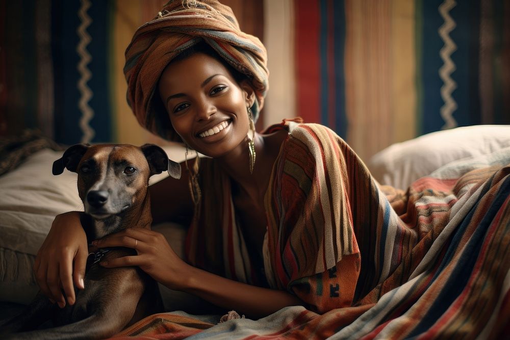 Happy african woman dog portrait blanket.