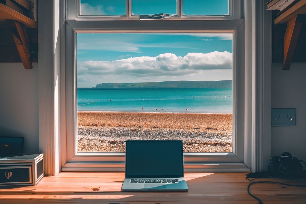 Window see beach computer nature laptop.