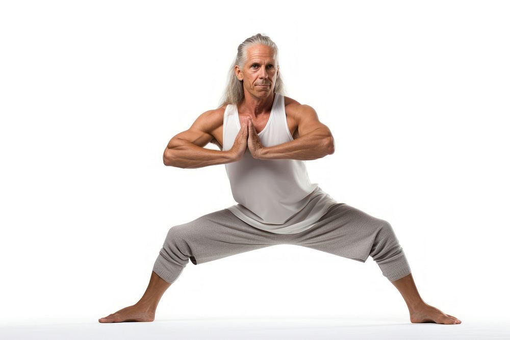 Man practising yoga sports adult white background.
