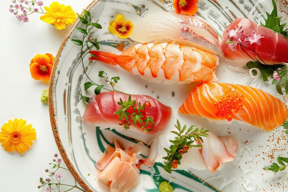 Maguro nigiri sushi dish seafood salmon.