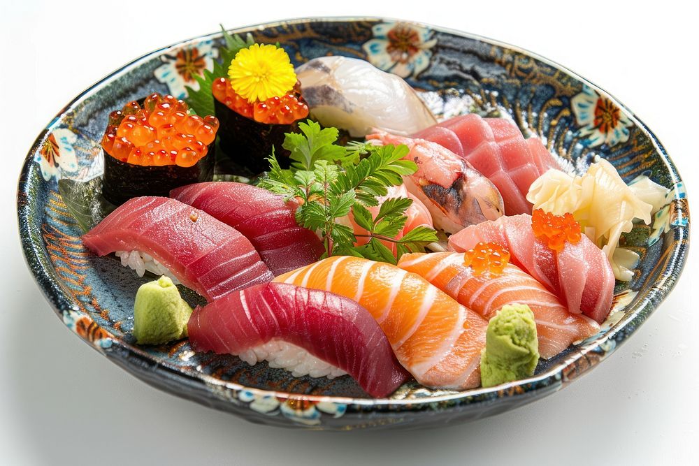 Maguro nigiri sushi dish seafood plate.