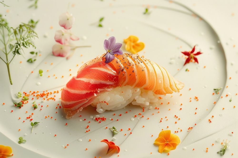 Maguro nigiri sushi dish seafood dessert.