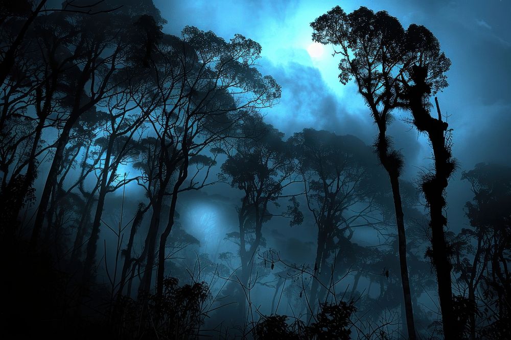 Rainforest in Thailand night landscape outdoors.