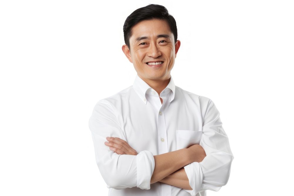Smile and Asian man with arms crossed adult shirt white background.