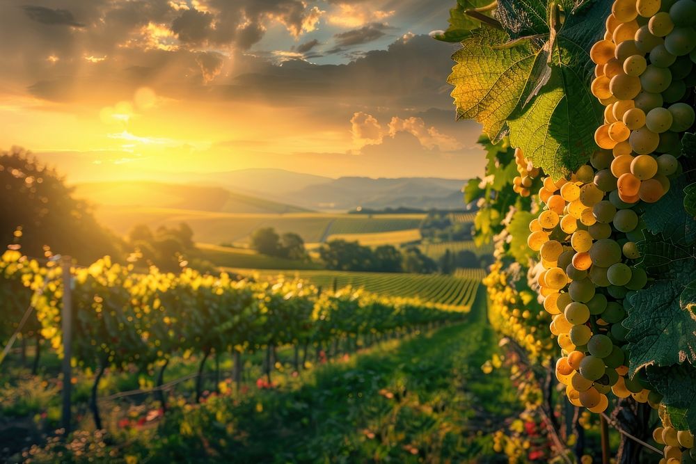 Sunset over vineyard ripe grapes in rows outdoors nature sunset.