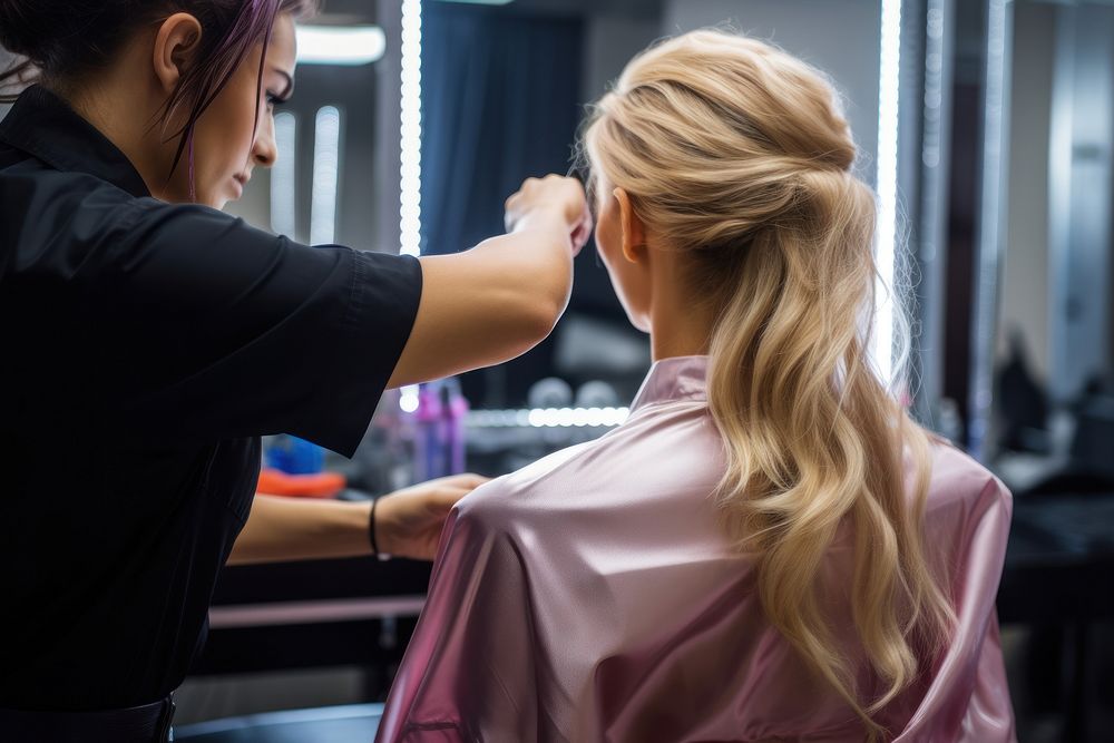 Woman making hair beauty salon adult hairdresser blond hair.