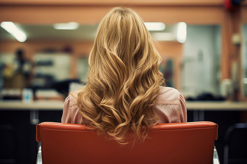 Woman sitting in beauty salon hair blond hair hair color.