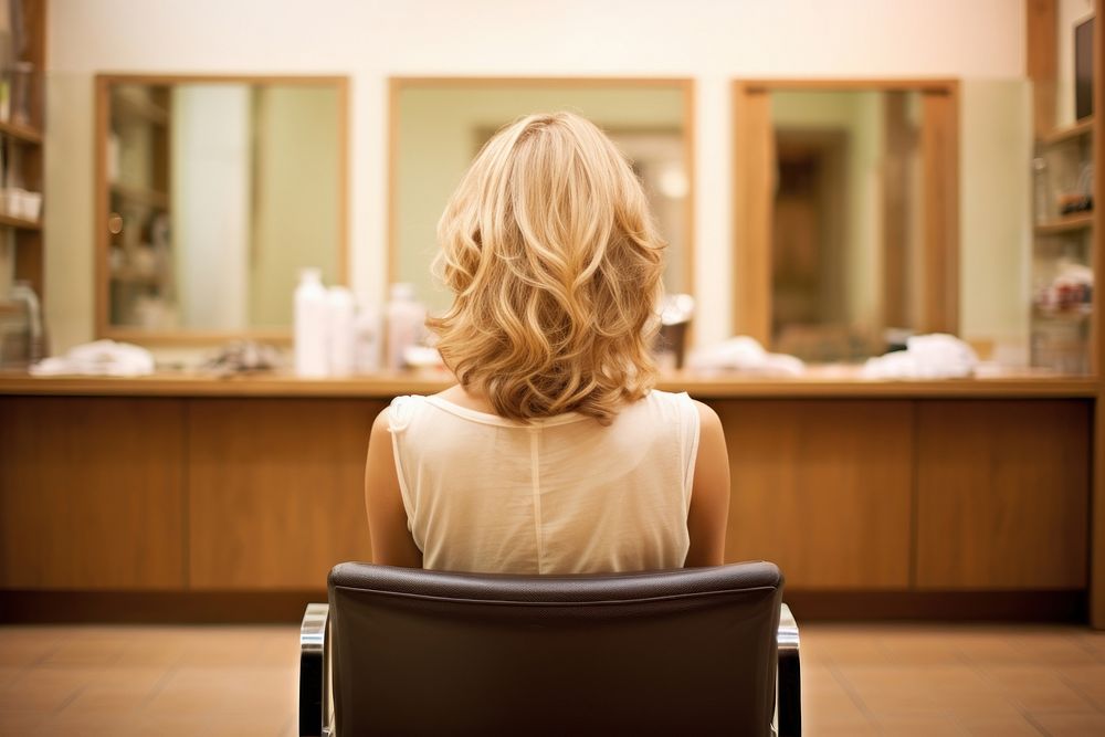 Woman sitting in beauty salon chair room back.
