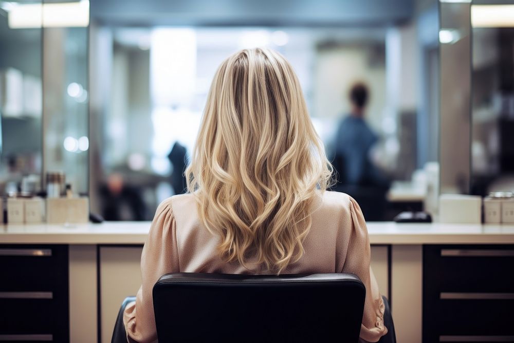 Woman sitting in beauty salon adult hair contemplation.