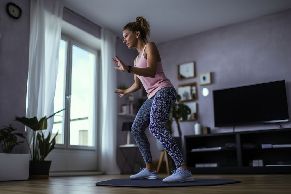 Woman is engaged in home fitness exercise sports adult.
