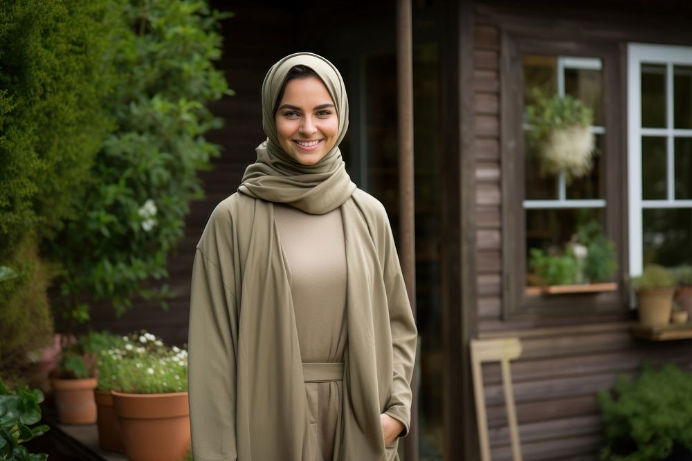 Arab woman smile face standing hijab adult.