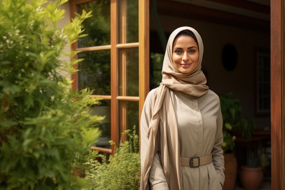 Arab adult woman portrait standing hijab.