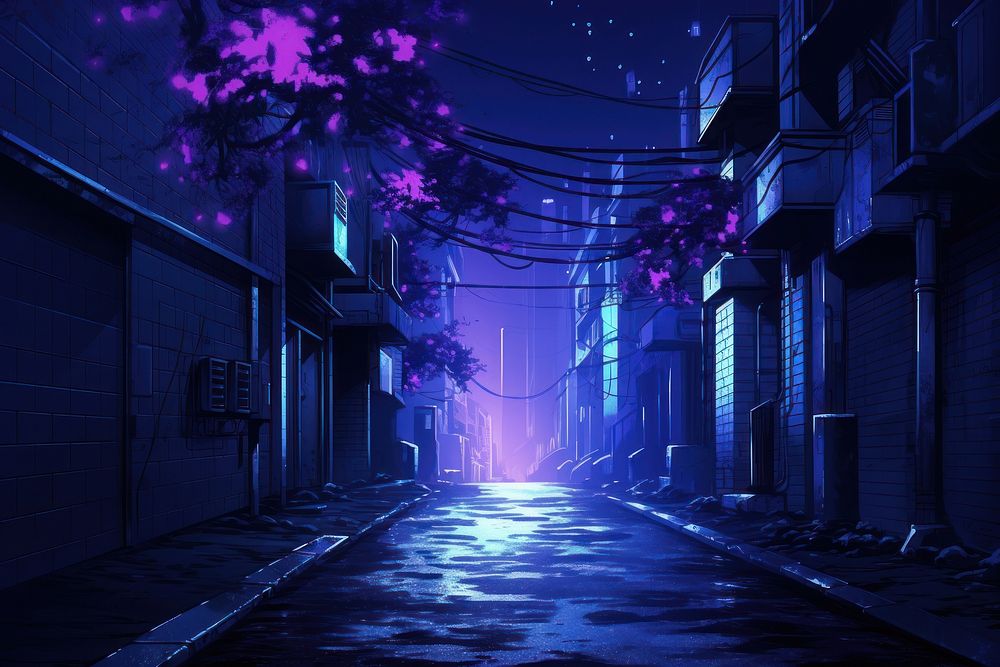 Dark alley purple outdoors lighting.