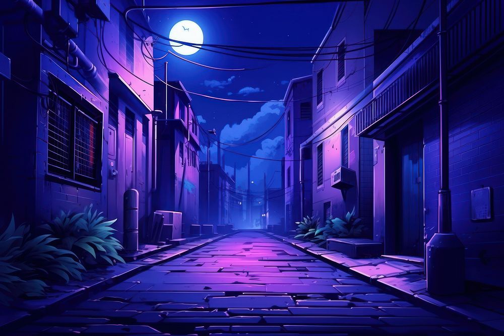 Dark alley street purple night.