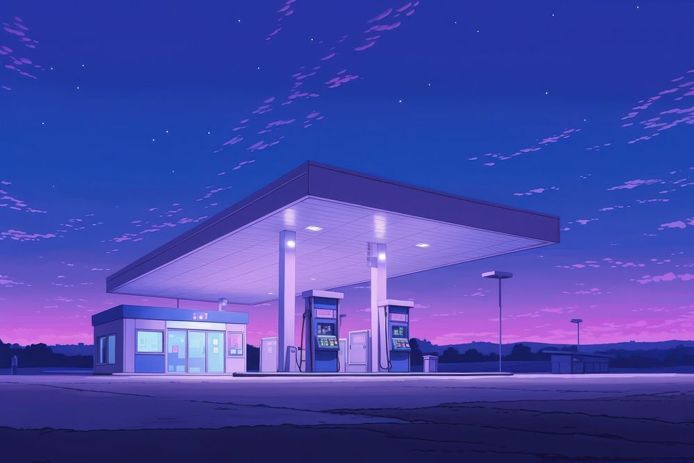 Enormous gas station purple blue architecture.