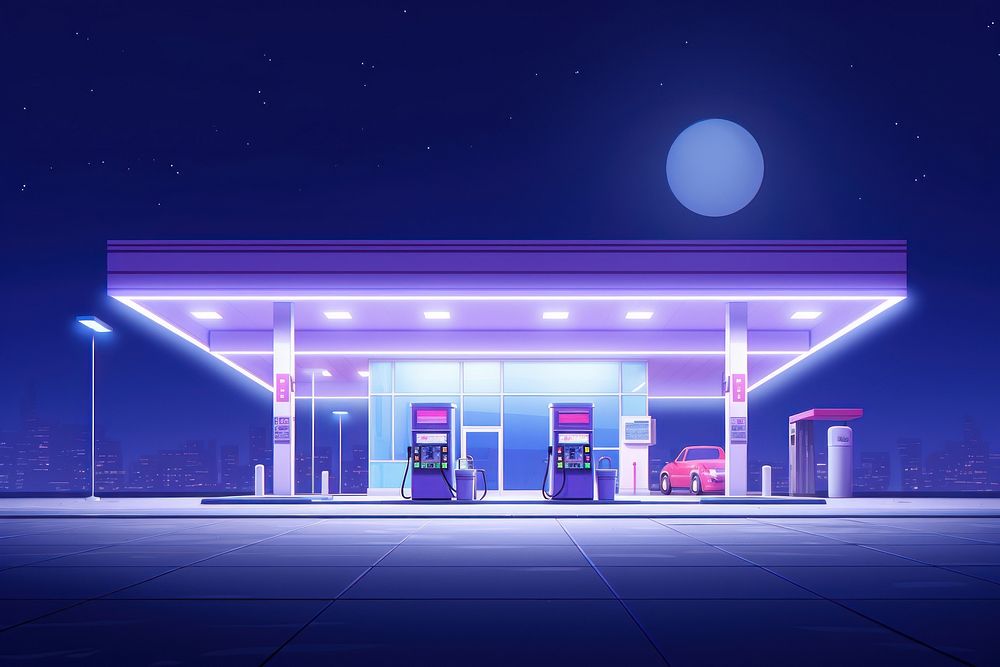 Enormous gas station vehicle night blue.