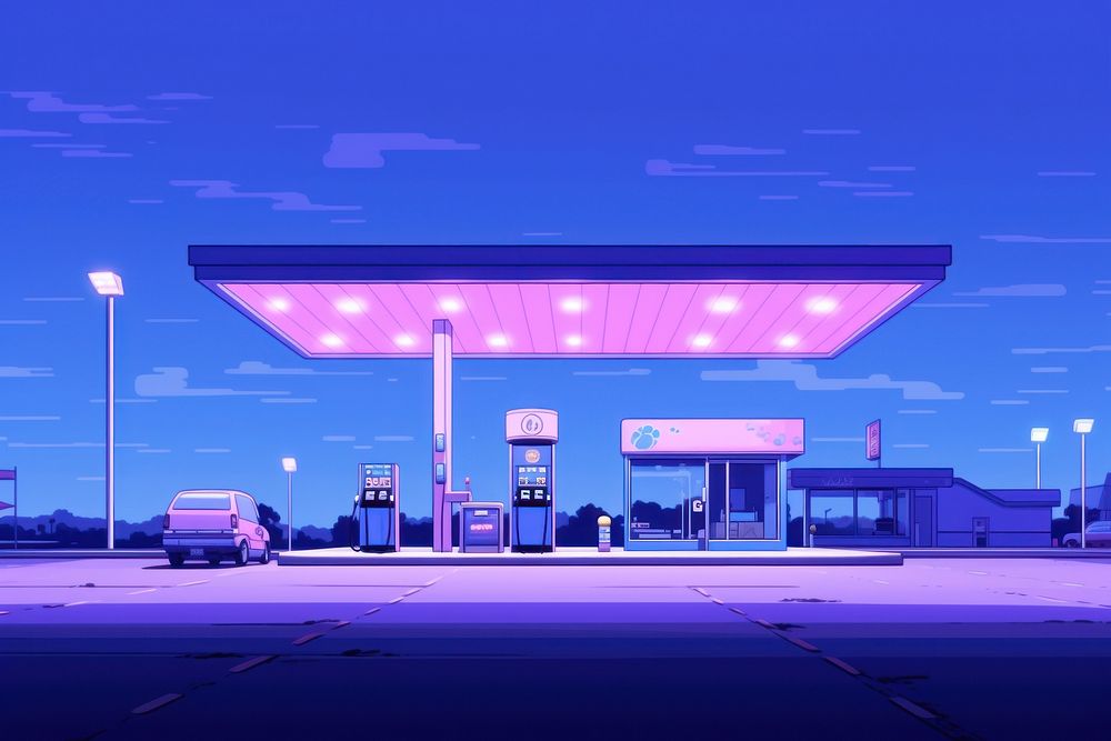Enormous gas station vehicle purple blue.