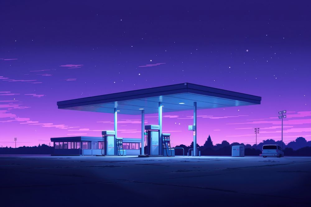 Enormous gas station vehicle purple blue.