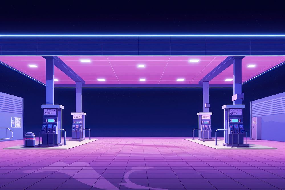 Enormous gas station purple blue neon.