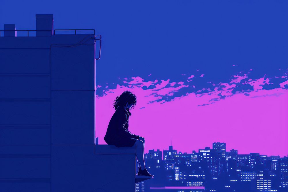 Female sitting on building edge architecture purple adult.