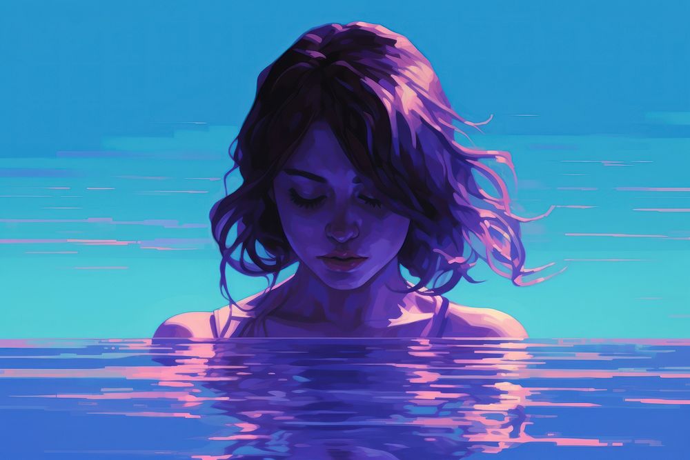 Female floating swimming purple portrait.