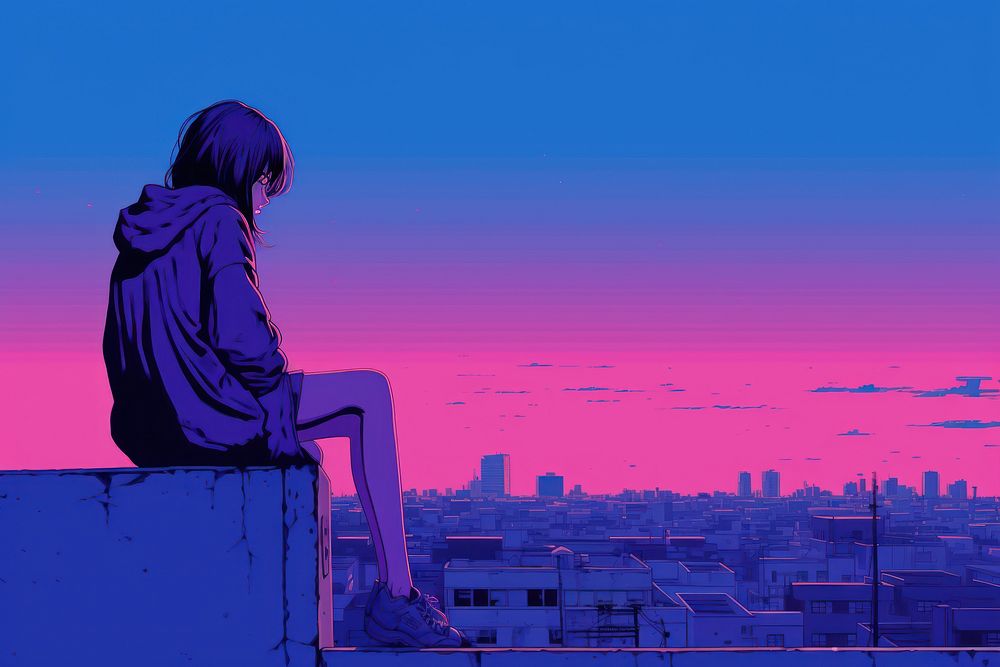 Female sitting on building edge purple anime adult.