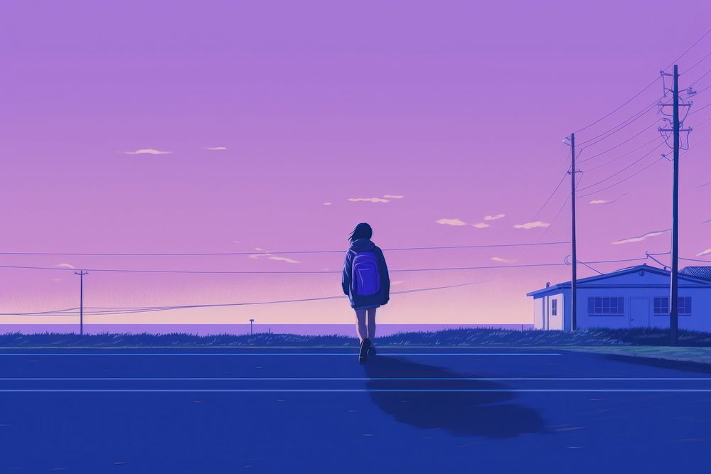 Student walking home from school standing purple blue.