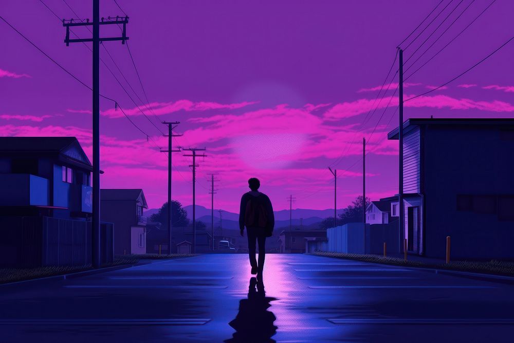 Student walking home from school silhouette street purple.