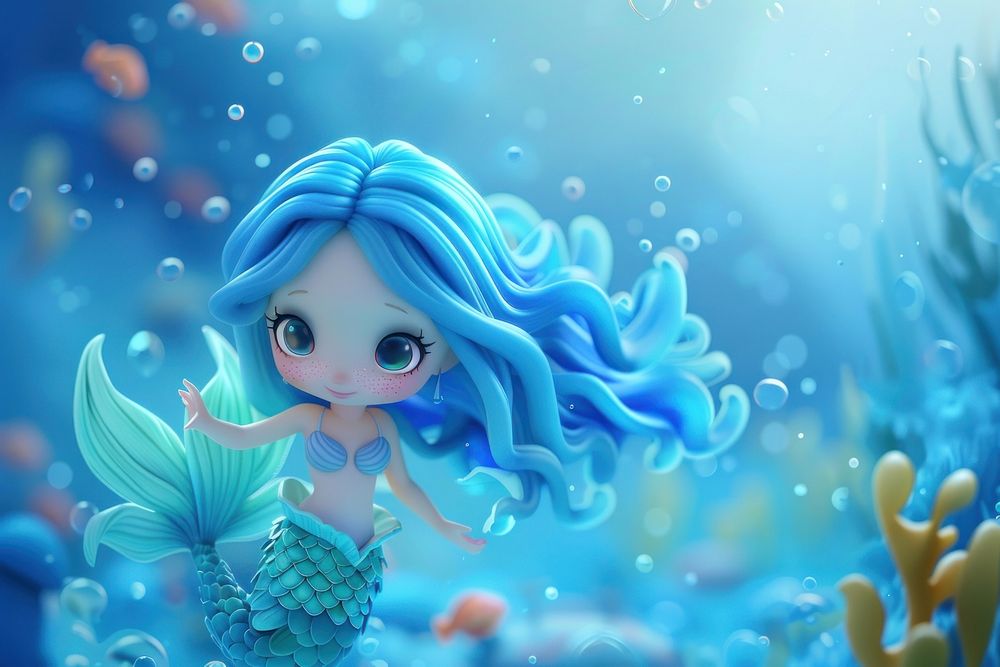 Cute blue hair mermaid background cartoon outdoors fantasy.