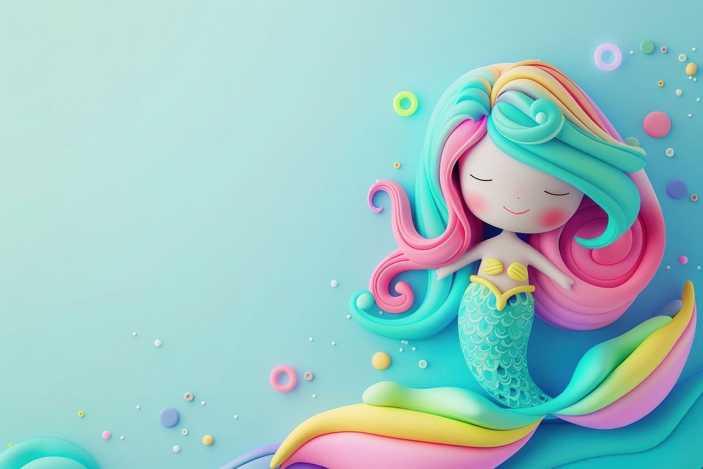 Cute rainbow color hair mermaid background cartoon toy representation.