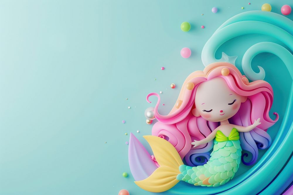 Cute rainbow color hair mermaid background cartoon toy underwater.