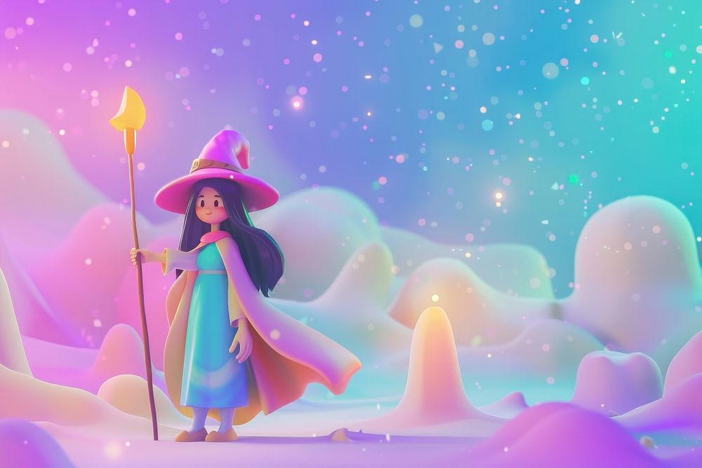 Cute woman wizard background cartoon illuminated creativity.
