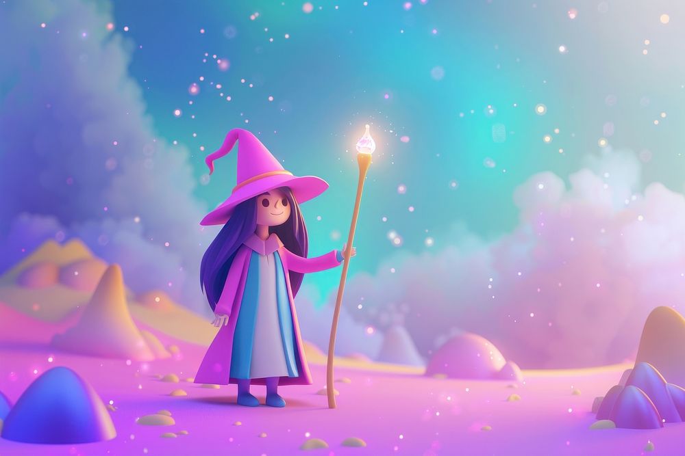 Cute woman wizard background cartoon fantasy illuminated.