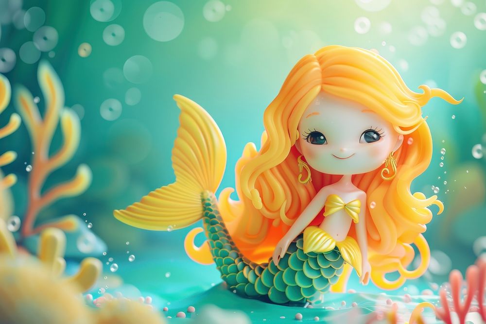 Cute yellow hair mermaid background cartoon toy representation.