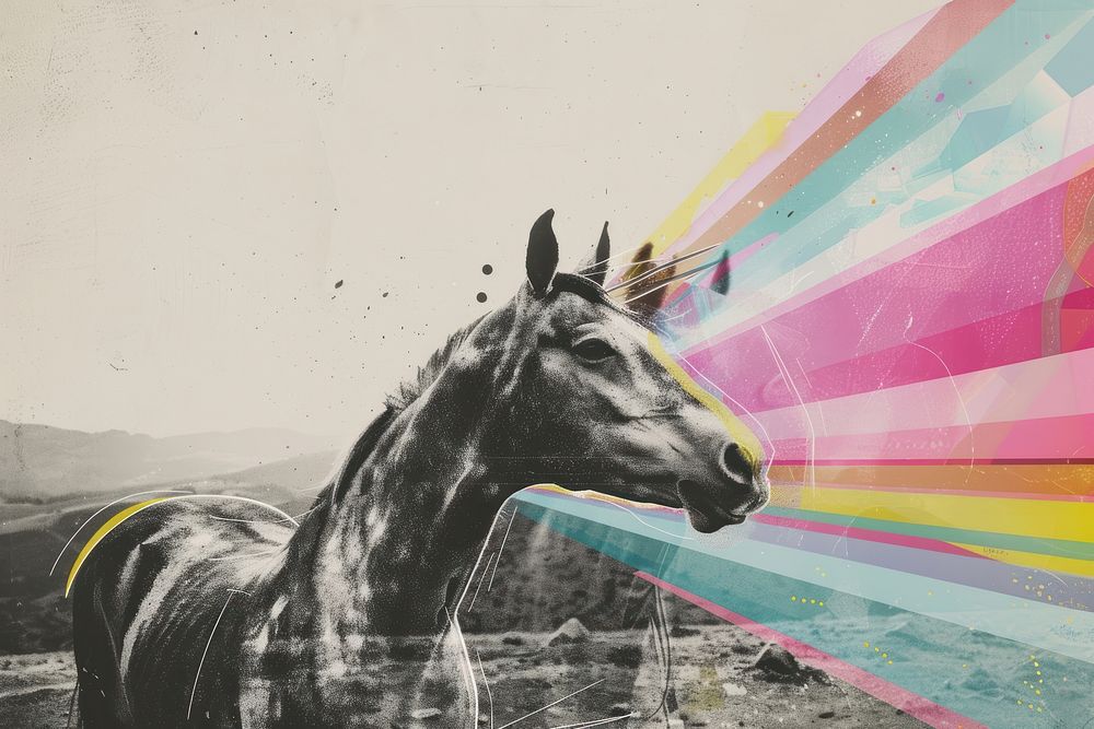 Minimal retro collage of a black and white photo horse art painting mammal.