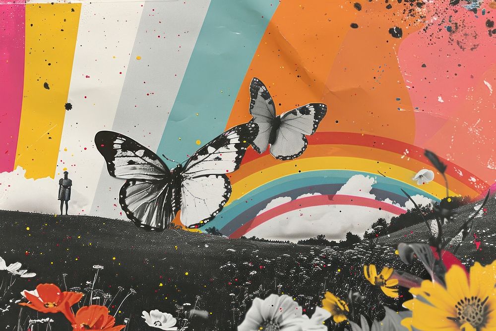Minimal retro collage of a black and white photo environment art butterfly outdoors.
