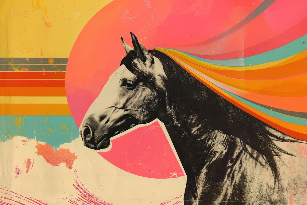 Minimal retro collage of a black and white photo horse art painting mammal.