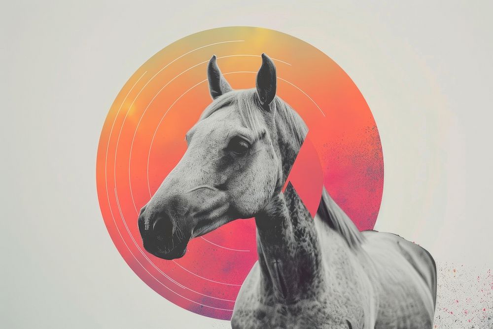 Minimal retro collage of a black and white photo horse art drawing animal.