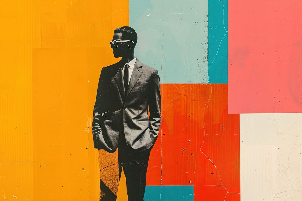 Minimal retro collage of a photo man with suit art painting glasses.