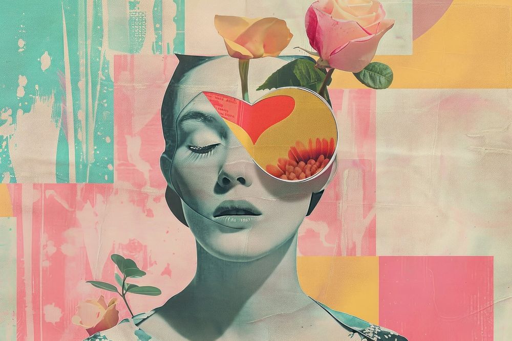 Retro collage of love art painting flower.