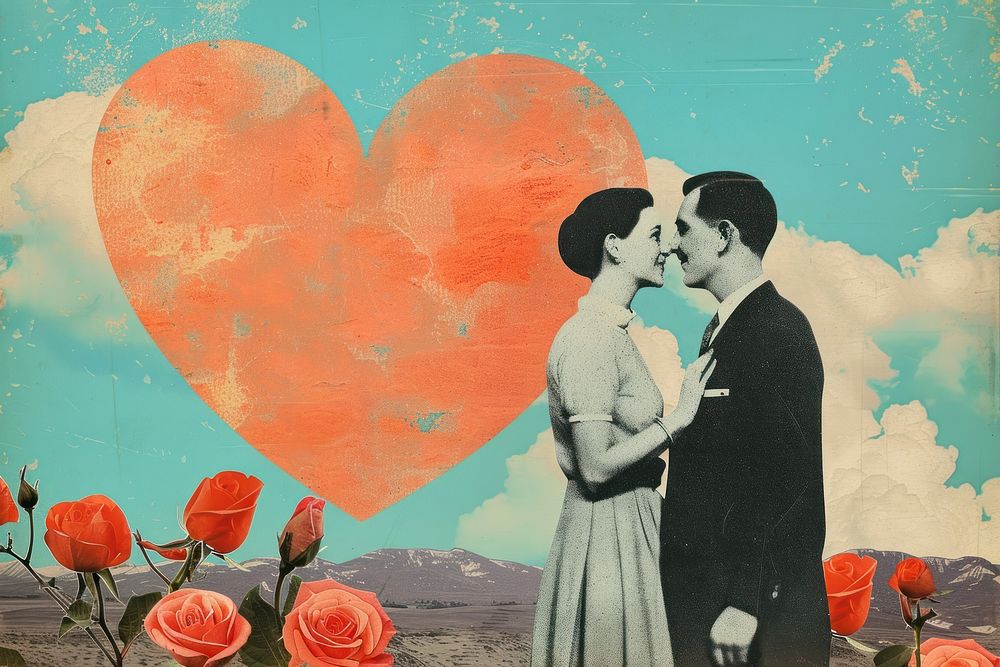 Retro collage of love kissing flower adult.