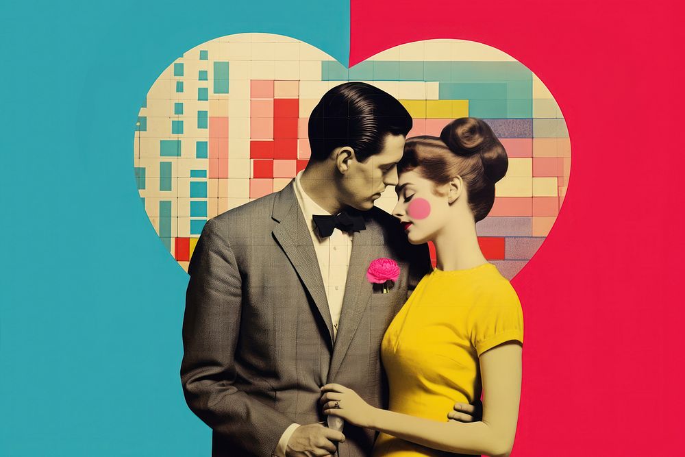 Retro collage of love kissing adult affectionate.