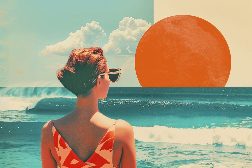 Retro collage of summer vibes sea sunglasses portrait.