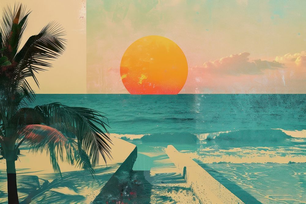 Retro collage of summer vibes beach sea sun.