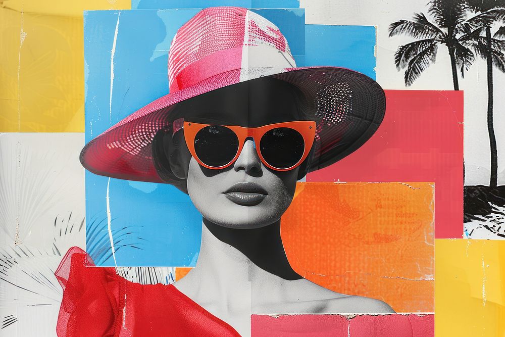 Retro collage of travel art sunglasses painting.