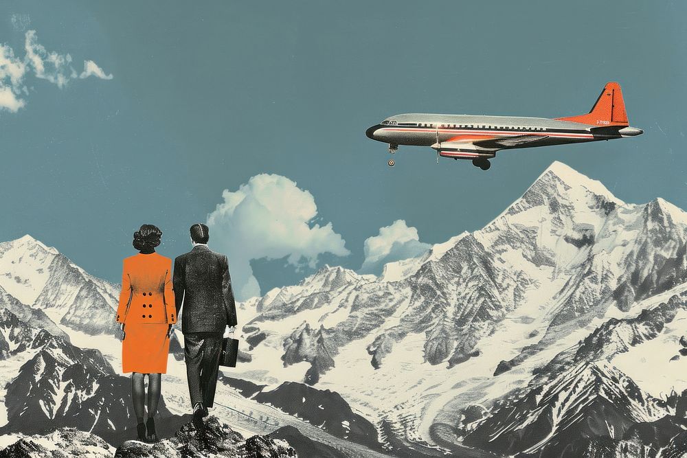 Retro collage of travel mountain aircraft outdoors.