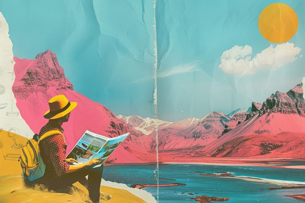 Retro collage of travel art outdoors painting.