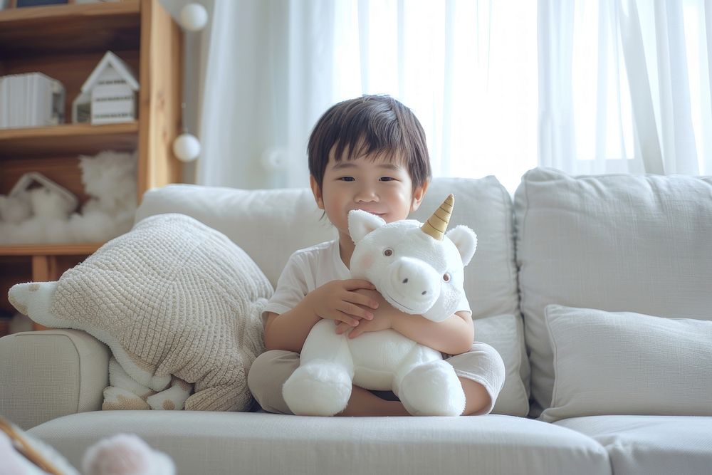 Kid holding unicorn doll furniture portrait sitting.