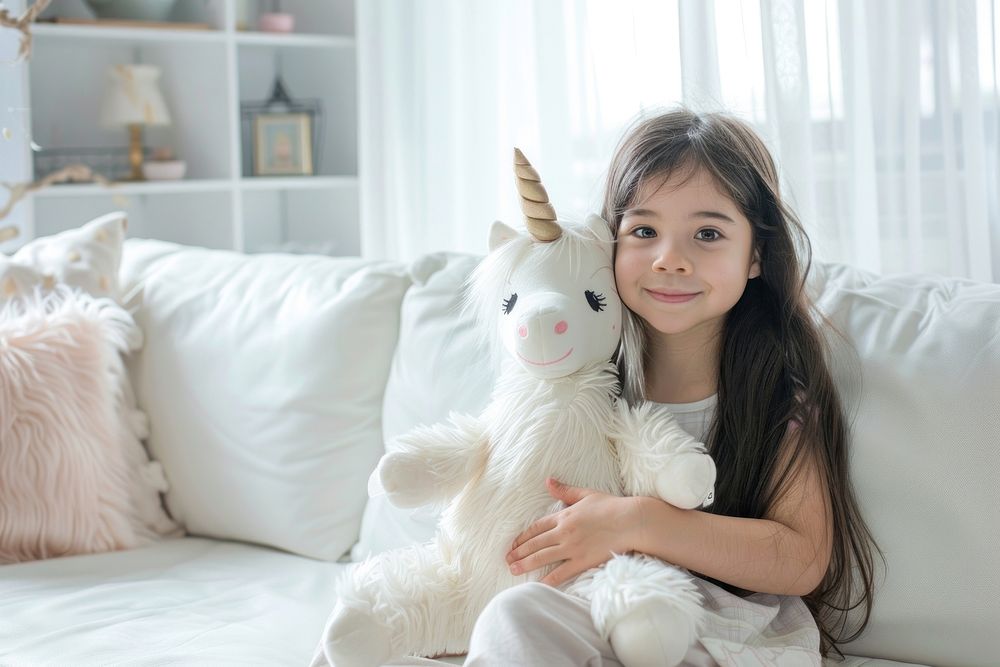 Kid holding unicorn doll furniture sitting happy.