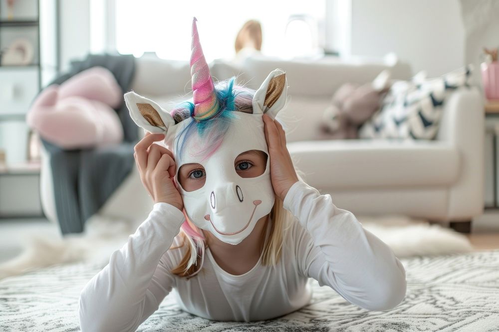 Kid wearing unicorn mask costume representation celebration.